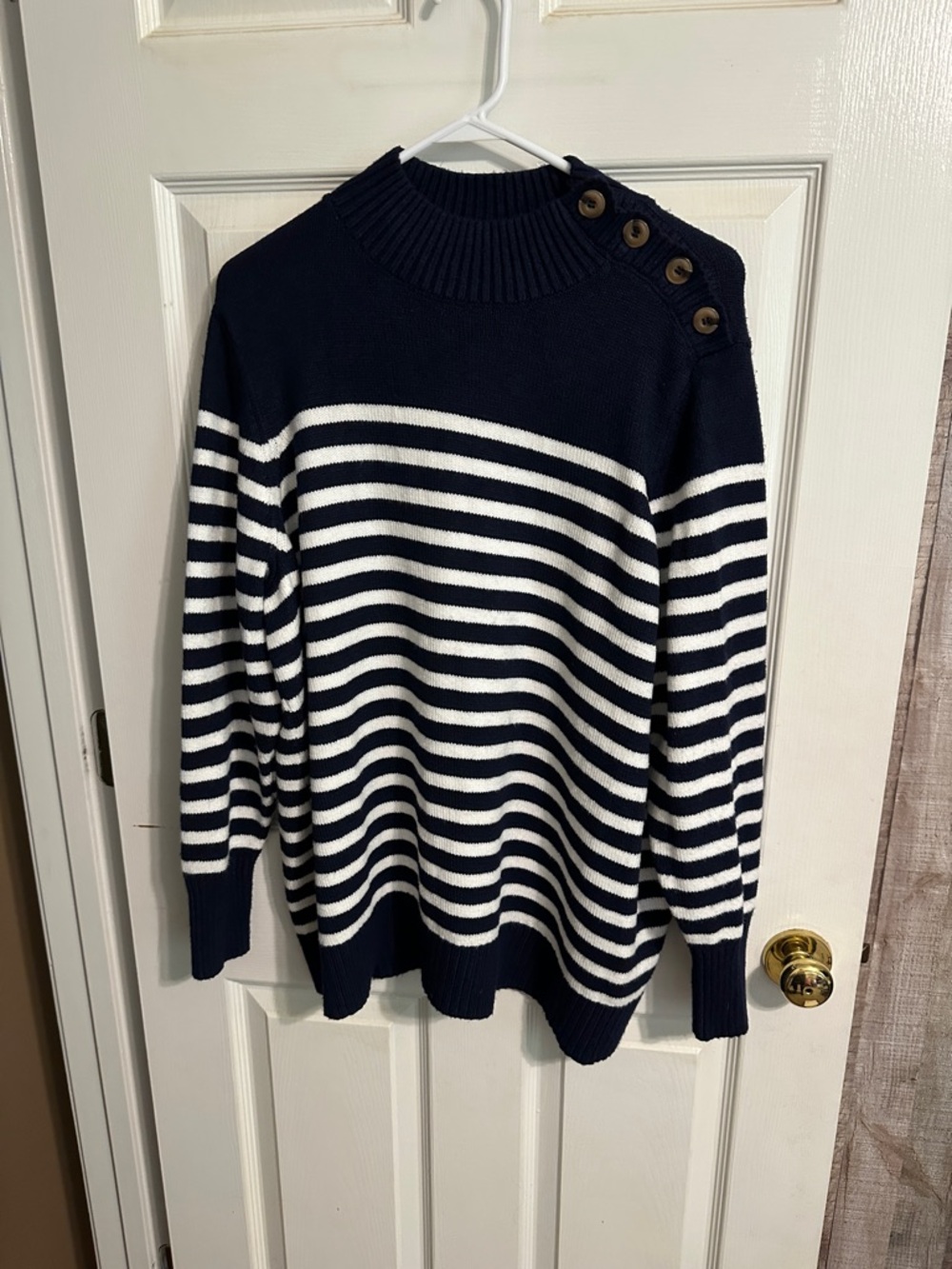 Chaps Navy and White Striped Button-Shoulder Turtleneck Sweater